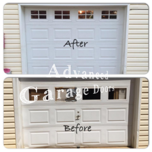 A before and after comparison showing a new garage door installation by Advanced Garage Doors LLC in Alexandria, VA.