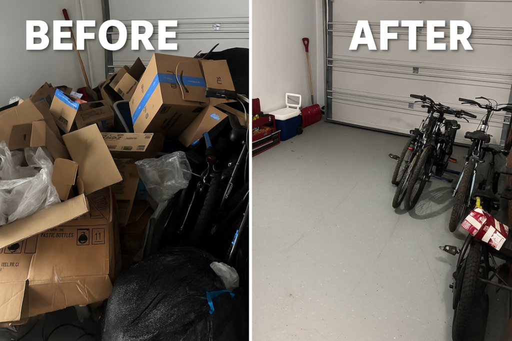 Before and after showing a garage cleared of boxes and clutter by KC Family Haul in Kansas City, KS.