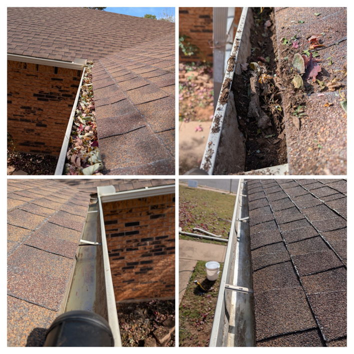 Before and after photos of professional gutter cleaning by Bins and Scoops Solutions in Edmond, OK