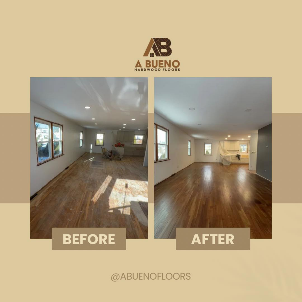 Before and after comparison of hardwood floor refinishing by Bueno Hardwood Floors in Fairfield, CT