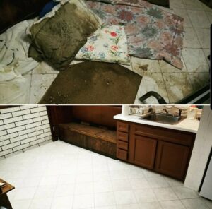 Before and after of a room after extreme hoarding cleanup and junk removal by Biohazard PRO in Boston, MA.