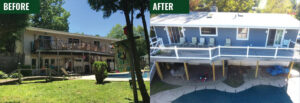 Before and after comparison of a house featuring a significant deck and pool area upgrade by Glick's Exteriors in Philadelphia, PA.