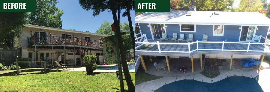 Before and after comparison of a house featuring a significant deck and pool area upgrade by Glick's Exteriors in Philadelphia, PA.