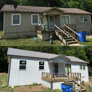 Before and after exterior renovation of a house, showcasing new siding and windows by Sterling Renovations in Grapevine, TX.