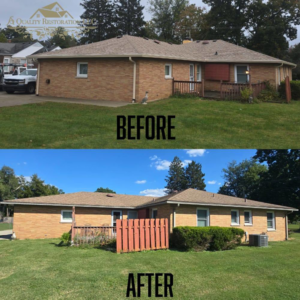 Before and after of a house exterior showing restoration work by A Quality Restoration Services in Louisville, KY.