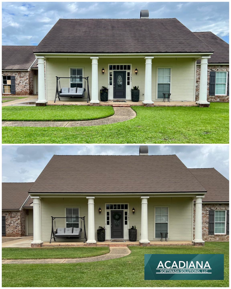 Before and after exterior house washing service by Acadiana Softwash Solutions, LLC in Baton Rouge, LA