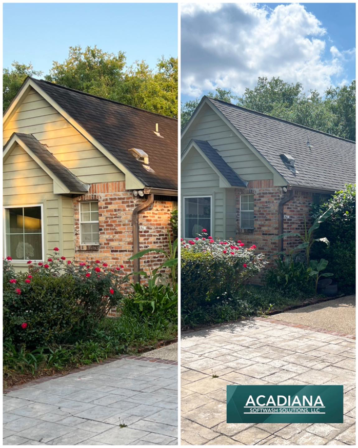 Before and after house, roof, and driveway cleaning by Acadiana Softwash Solutions, LLC in Baton Rouge, LA