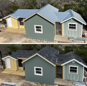 Before and after view of a house roof replacement, showcasing both asphalt shingles and metal roofing by J&J ultimate roofing llc in Austin, TX