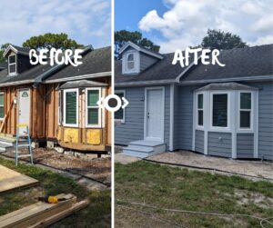 Before and after comparison of a house exterior siding renovation by Alejandro Melo Contractor corp in Tampa, FL.