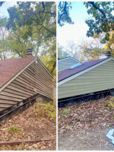 Before and after view of a house exterior showing new siding and roof installed by Barrios Remodeling in Kansas City, MO.