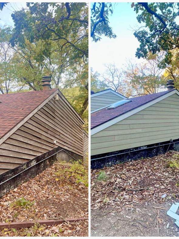 Before and after view of a house exterior showing new siding and roof installed by Barrios Remodeling in Kansas City, MO.