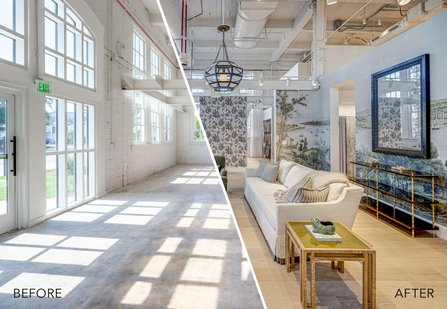 Before and after view of an interior renovation project by Edifice Construction in Woodinville, WA, showcasing a transformed showroom.