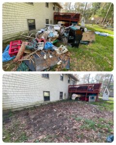 Before and after photo showing a large pile of junk cleared from beside a house by CK Junk Removal in New Bedford, MA