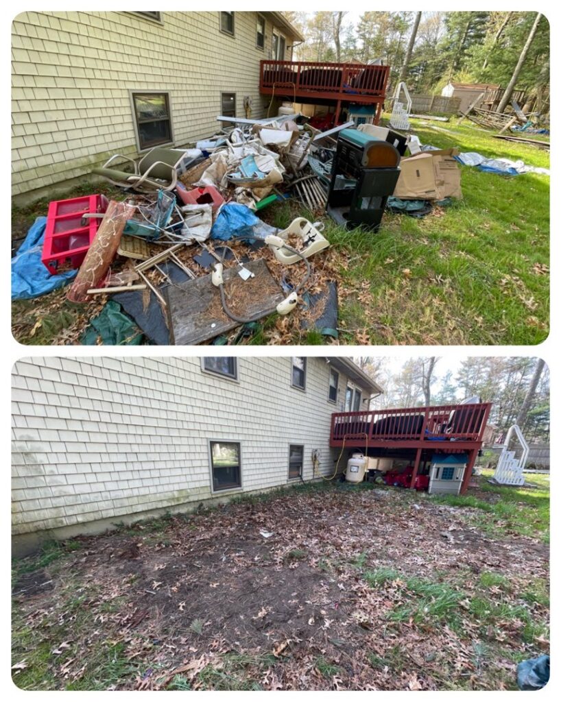 Before and after photo showing a large pile of junk cleared from beside a house by CK Junk Removal in New Bedford, MA