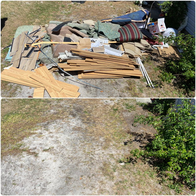 Before and after view of a large junk pile removed by All That Junk Removal in Wilmington, NC.