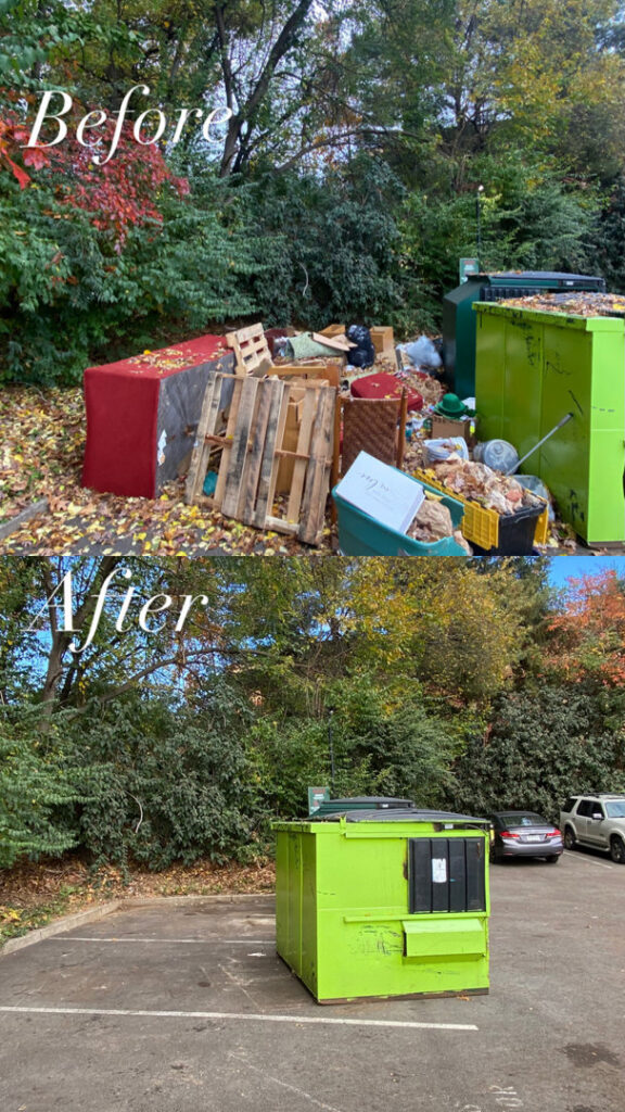 Before and after view of a large junk pile removed next to a dumpster by Navarro Demo LLC in Rockville, MD