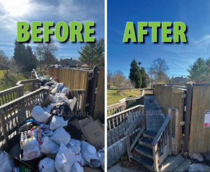 A before and after comparison showing a deck cleared of trash and debris by ONLY Junk Removal Services in Austin, TX.