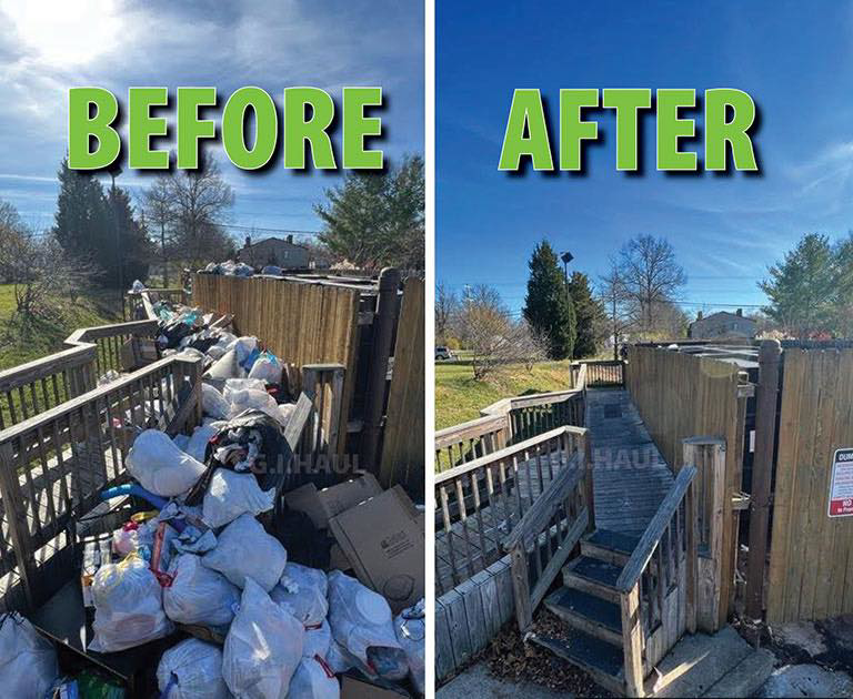 A before and after comparison showing a deck cleared of trash and debris by ONLY Junk Removal Services in Austin, TX.