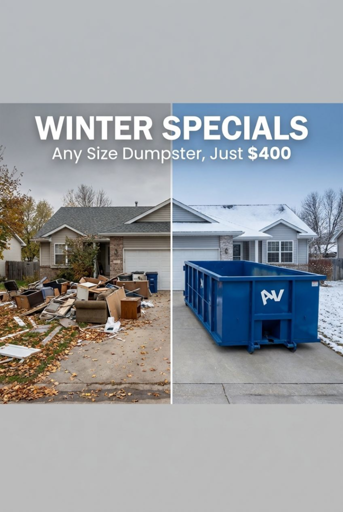 Before and after junk removal from a driveway with a blue roll-off dumpster from Arkansas Valley Roll-Off in Salida, CO.