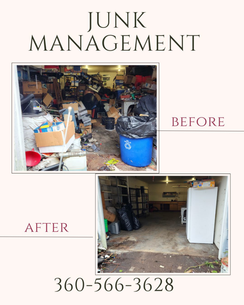 A before and after comparison showing a cluttered garage transformed into a clean, empty space by Junk Management in Vancouver, WA.