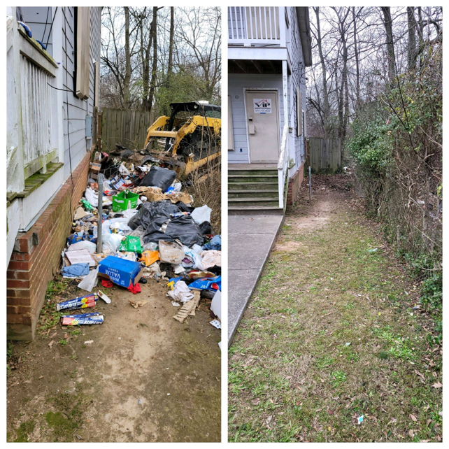 Before and after view of a successful junk removal job next to a house by GoGo Junk Removal in Atlanta, GA.