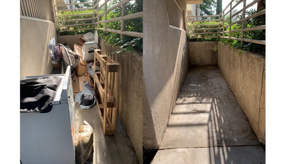 Before and after view of an outdoor area cleared of junk by Larry The Rubbish Man in Los Angeles, CA.