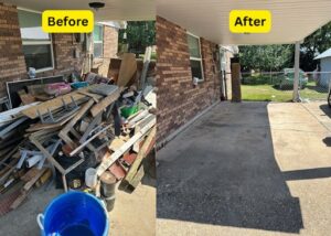 A before and after comparison showing a large pile of junk removed from a residential area by Clutter Control Junk Removal and Demo in Biloxi, MS.