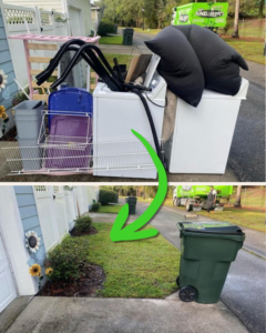 Before and after photo showing a cleared area after junk removal service by The Junkluggers in Hicksville, NY.