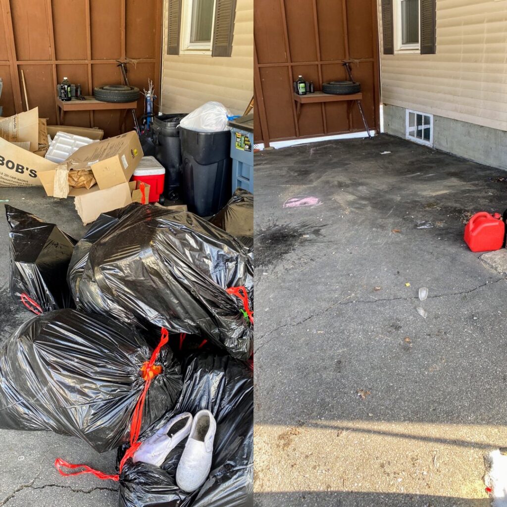 Before and after collage showing a clean concrete pad after junk removal of many trash bags by O'Brien Property Services in Clay, NY.