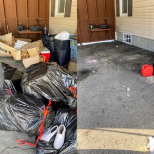 Before and after collage showing a clean concrete pad after junk removal of many trash bags by O'Brien Property Services in Clay, NY.