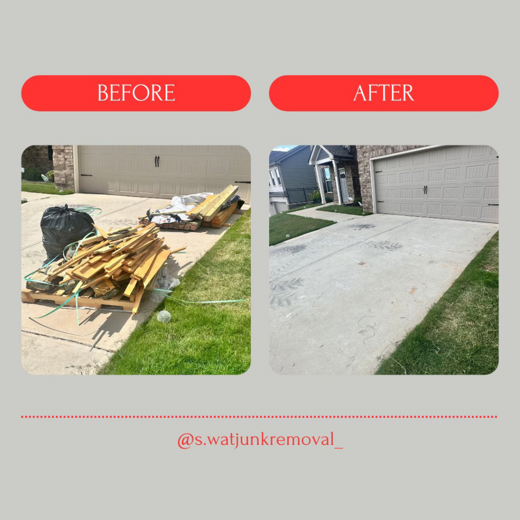 Before and after comparison of wood debris and trash removed from a driveway by S.WAT Junk Removal in Roswell, GA