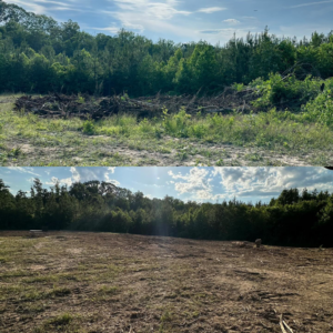 Before and after comparison of a large area, showing extensive land clearing by Mighty Mouse Services in Winston-Salem, NC.