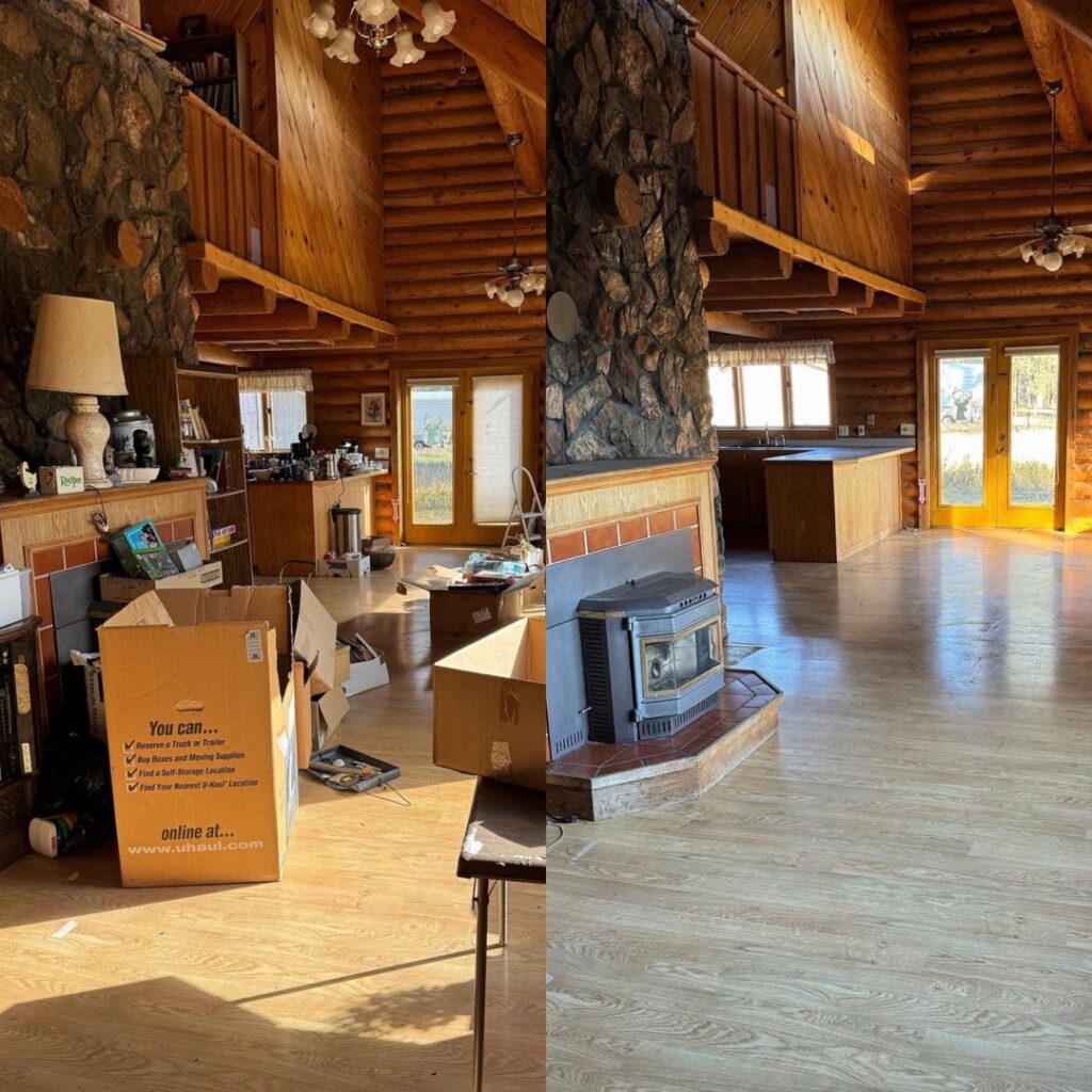 A split image showing a large wooden house interior with some boxes before and fewer boxes after a cleanout service by Junk Hunks 406 in Missoula, MT.