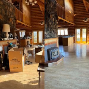 A split image showing a large wooden house interior with some boxes before and fewer boxes after a cleanout service by Junk Hunks 406 in Missoula, MT.