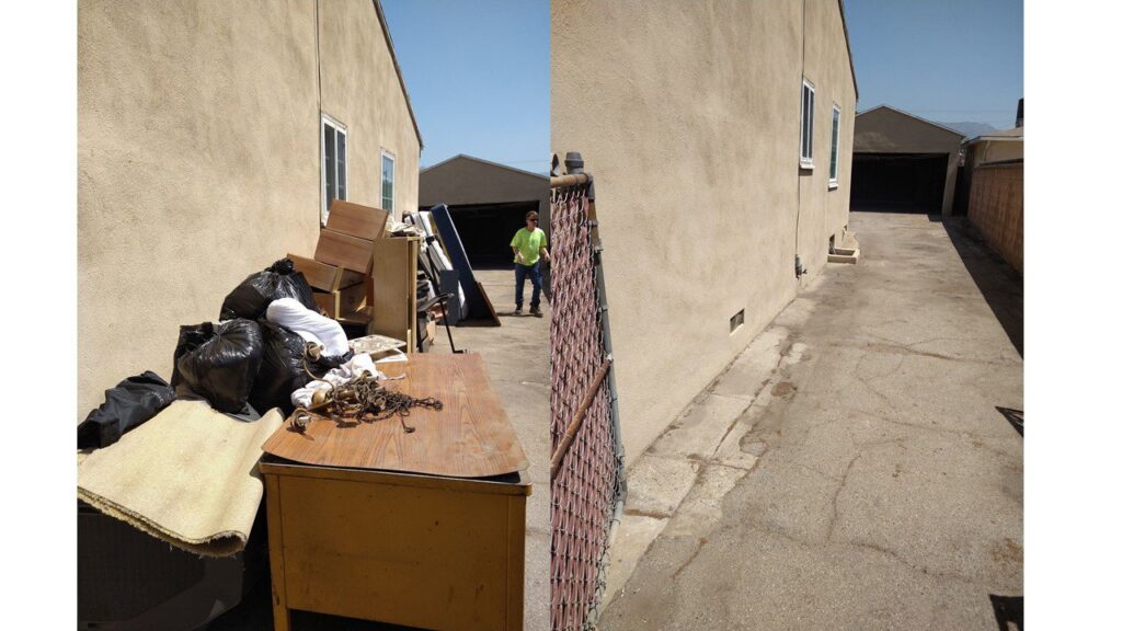 Before and after view of a large pile of junk and debris removed from beside a building by Larry The Rubbish Man in Los Angeles, CA.