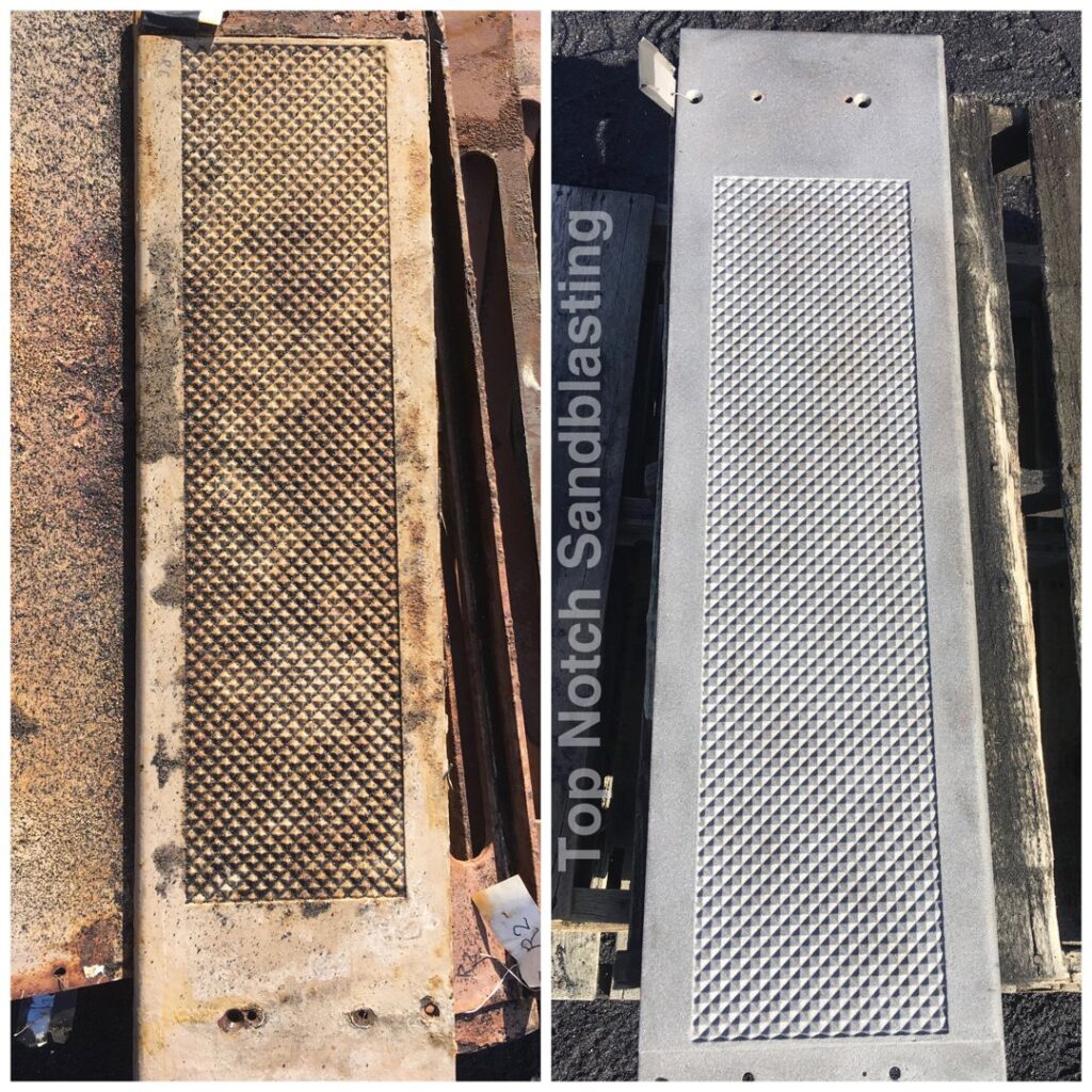 Before and after sandblasting of a metal step plate by Top Notch Sandblasting LLC in Randallstown, MD