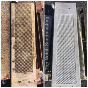 Before and after sandblasting of a metal step plate by Top Notch Sandblasting LLC in Randallstown, MD
