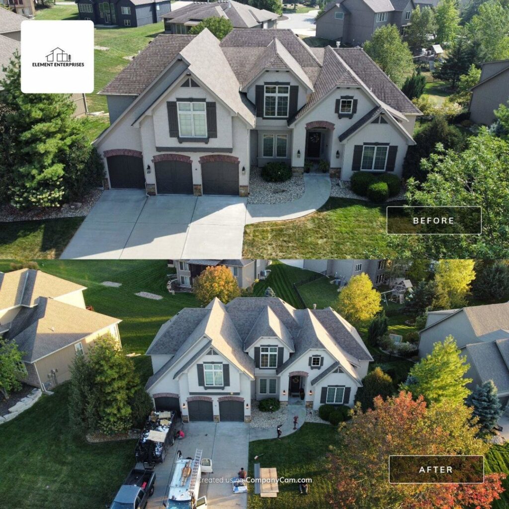 Before and after aerial view of a house with a new roof installed by Element Enterprises in Kansas City, MO.