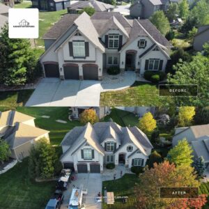 Before and after aerial view of a house with a new roof installed by Element Enterprises in Kansas City, MO.