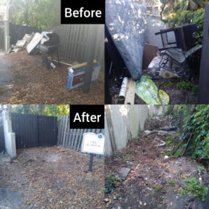 Before and after photos illustrating outdoor junk removal, including mattresses and furniture, by Jax Junk Squad in Jacksonville, FL.