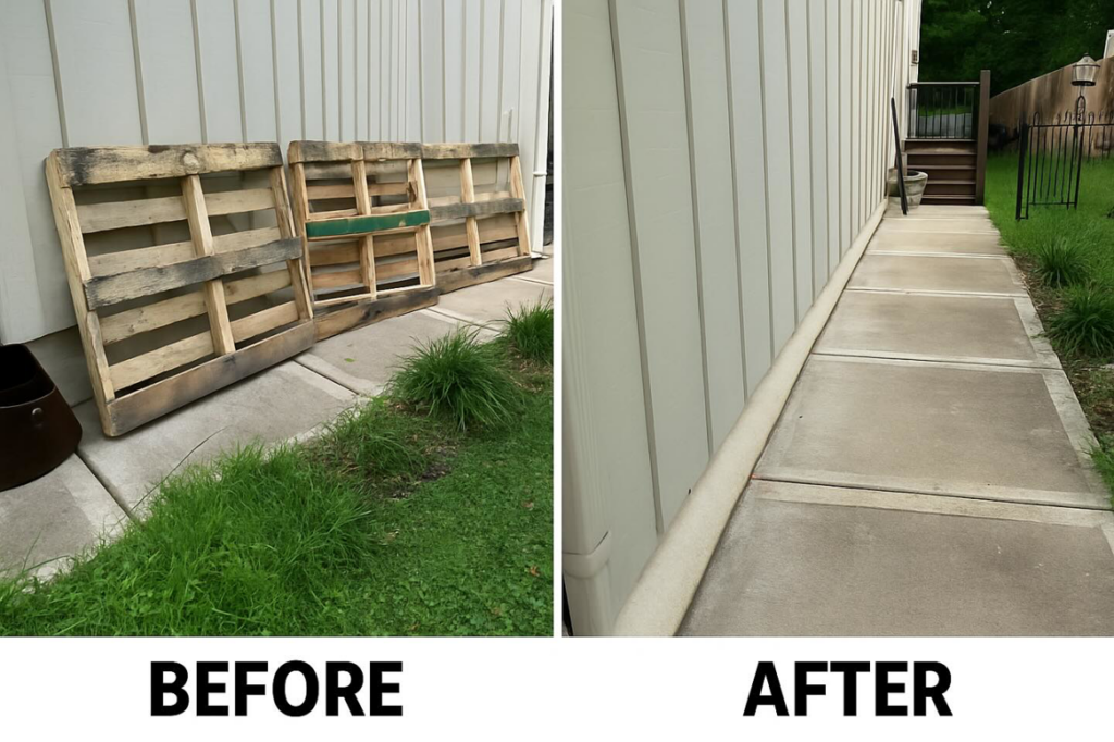 Before and after showing wooden pallets removed from a sidewalk by KC Family Haul in Kansas City, KS.