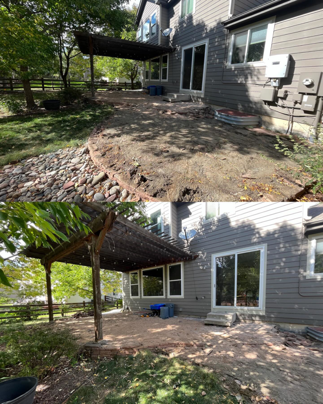 Before and after view of a new patio installation under a pergola by TNC Builders, LLC in Aurora, CO