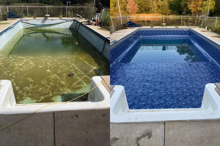 Before and after comparison of a pool cleaning and liner replacement service by Heatwave Pools LLC in Flint, MI.