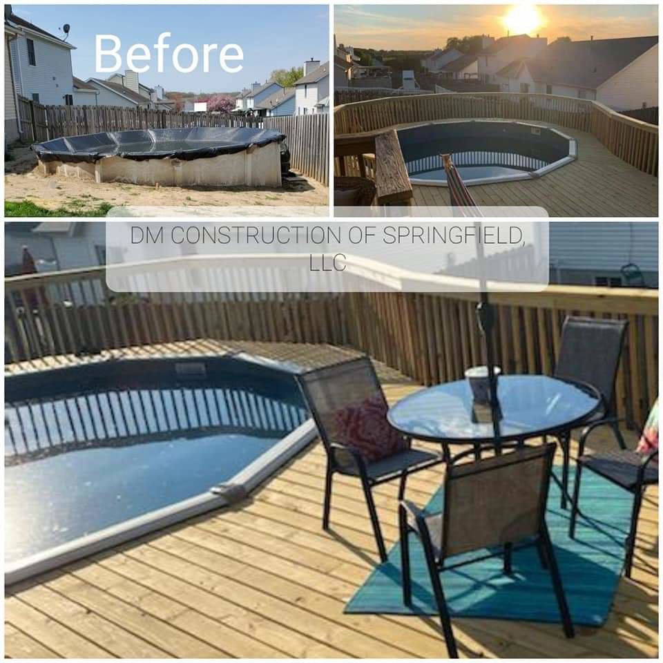 A before and after collage of a new wooden deck built around an above-ground pool, by DM Construction of Springfield in Springfield, IL.