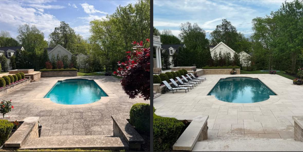 Before and after view of a pool patio after professional power washing by Premier Power Washing in East Islip, NY