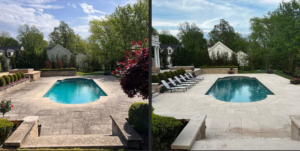 Before and after view of a pool patio after professional power washing by Premier Power Washing in East Islip, NY