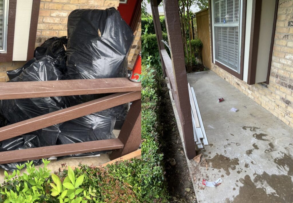 Before and after view of a porch cleared of black trash bags and debris by Cowtown Waste Removal in Fort Worth, TX.