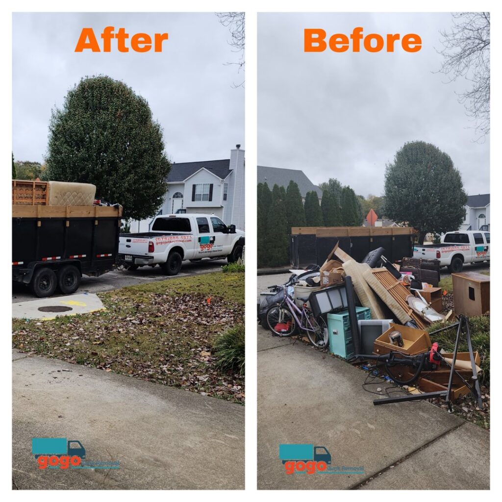 Before and after a large residential junk removal job by GoGo Junk Removal in Atlanta, GA.