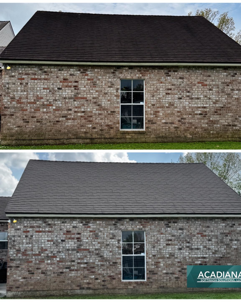 Before and after roof and brick wall cleaning by Acadiana Softwash Solutions, LLC in Baton Rouge, LA