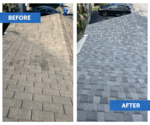 Before and after comparison of a roof replacement project by FHIA Remodeling in Fort Lauderdale, FL
